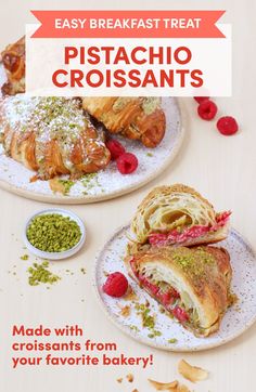 two plates with croissants and raspberries on them next to a bowl of pistachio