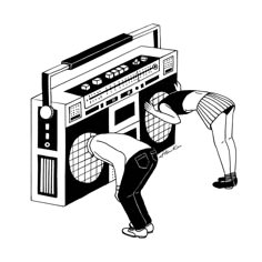 two people standing next to each other near a boombox with the radio on it