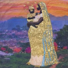 an image of a woman holding a child in her arms with the sun setting behind her