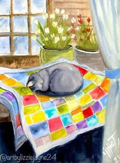 a painting of a cat sleeping on a blanket in front of a potted plant