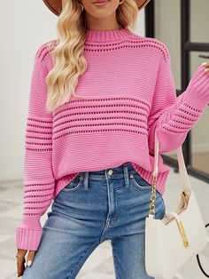 Long Sleeves Loose Hollow Solid Color Round-Neck Knitwear Pullovers Sweater Tops FUCHSIA-XL Chunky Sweater Outfit, Striped Knitwear, Pullover Mode, Sweater Tops, Sweater Outfit, Winter Pullover, Knitwear Fashion, Long Sleeve Pullover Sweater, Round Neck Sweaters