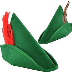 two green hats with red and orange feathers on them, one has a bird's head