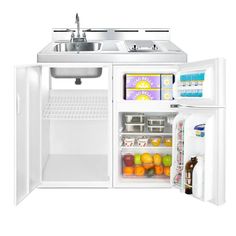 an open refrigerator with its door wide open showing the contents and food in it,