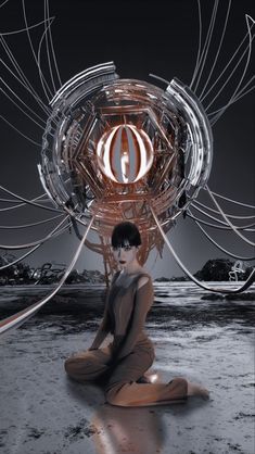 a woman sitting on the ground in front of a large object with wires coming out of it