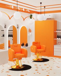 an orange and white salon with two chairs