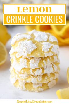 lemon crinkle cookies stacked on top of each other with the title in the middle