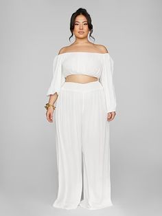 Plus Size Ingrid Off The Shoulder Top | Fashion to Figure White Flowy Pants Outfit, Ballet Core Outfits, Plus Size Ballet, Plus Size Cottagecore, Core Outfits, Ballet Core, Puff Sleeve Crop Top, All White Outfit, Fashion To Figure