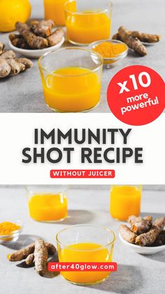 These Immunity Boosting Ginger Turmeric Shots is amazing if you're looking to boost your immune system and overall health! Each ingredient has an ample amount of health benefits that'll leave you feeling great! Check out how to make it now! Benefits of ginger shots in the morning. Ginger shots recipe. How to make ginger shots without a juicer. Wellness shots. Morning juice shots. Lemon ginger shots. Ginger shots in a blender. #immunityshot #wellnessshot Inflammation Shots Recipe, Apple Cider Vinegar Immunity Shots, Immunity Shots Frozen, Ginger Orange Shot Recipe, Juice Immune Boost, Immunity Juice Shots, Homemade Wellness Juice Shots, Immune Boosting Drink Recipe, Turmeric Shots For Inflammation