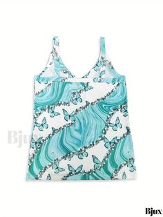 Bjux - Chic Butterfly Sequin Print Cami Top: Stylish V Neck Summer Sleeveless Top for Women, Fashionable Womens Clothing Casual Summer Vest With Built-in Bra, Y2k Sleeveless Beach Tops, Y2k Stretch Tank Top For The Beach, Y2k Style Stretch Tank Top For Beach, Y2k Camisole Tank Top For Beach, Trendy Beach Camisole, Casual Printed Summer Vest, Casual Printed Spring Vest, Printed Stretch Tank Top For Summer