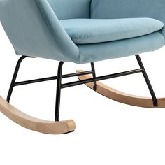 a light blue rocking chair with black legs