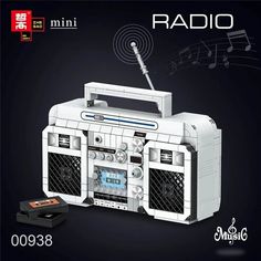 the radio is made out of legos and has music notes on its front side