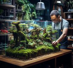 a man is looking at an aquarium with moss