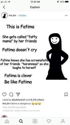 an image of a woman with her hands on her hips and the caption'this is fatma she gets called fatty man by her friends