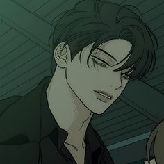 an animated image of a man with dark hair and eyes looking at something in the distance