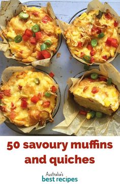 four muffins with different toppings on them and the title reads, 50 savory muffins and quiches best recipes