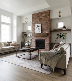 a living room filled with furniture and a fire place in the middle of a room