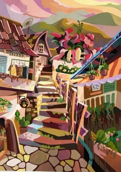 a painting of some houses and stairs