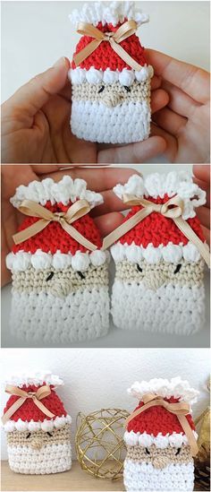 crocheted santa clause ornament is shown in three different pictures, including one with