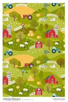 a farm scene with tractors and farm animals