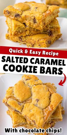 the recipe for salted caramel cookie bars with chocolate chips is shown in three different pictures