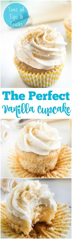 the perfect vanilla cupcake with frosting on top is shown in three different pictures