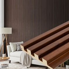 a living room filled with furniture and wooden slats