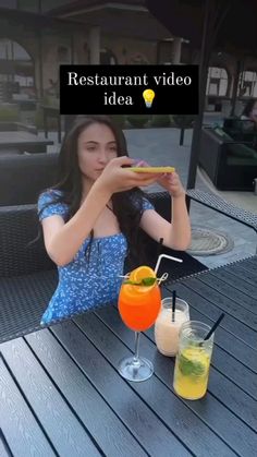 a woman sitting at an outdoor table with two drinks in front of her and the caption reads restaurant video idea