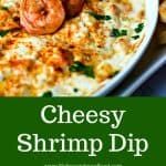 cheesy shrimp dip in a white bowl