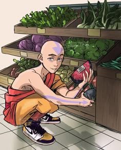 a man kneeling down in front of a shelf filled with vegetables