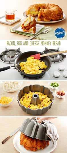 bacon, egg and cheese monkey bread is shown in three different stages to be cooked