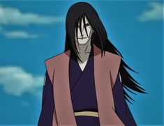 an anime character with long black hair standing in front of a blue sky and clouds