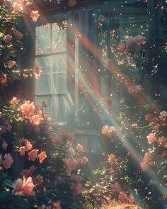 the sun shines through an open window in a garden with pink flowers and greenery