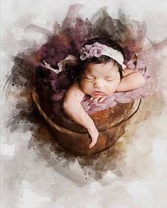 a painting of a baby sleeping in a basket