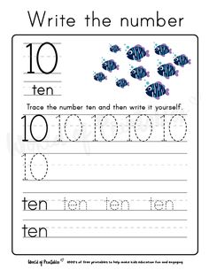 Help your preschooler practice writing the number 10 with this engaging tracing worksheet! Featuring cute fish and both the number and word form, this printable is perfect for early learners to develop their handwriting and counting skills. Download this free educational resource to make learning numbers fun and interactive! Learn To Write Numbers, Number Tracing Worksheets, Free Printable Numbers, Teaching Numbers, Number Tracing, Word Form, Numbers For Kids, Practice Writing, Printable Activities For Kids