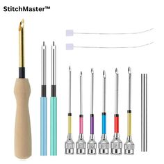 an assortment of sewing tools including needles, thread and needle tips with the words stitchmaster on