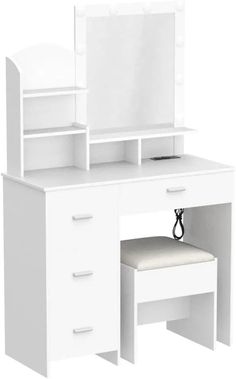 a white desk with a mirror, stool and shelf on it's sides is shown