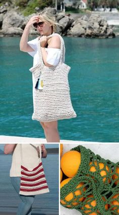 four pictures with different types of crochet and oranges on them, including a woman