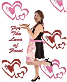 a woman in a pink and black dress is holding a plate with food on it