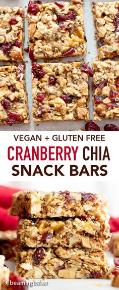 vegan and gluten free cranberry chia snack bars stacked on top of each other