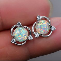 Cute White Opal Stone Earrings Small Round Zirconia Stud Earrings For Women Sterling Silver Round Crystal Earrings For Party, Diamond Earrings Studs Round, Opal Earrings Stud, Opal Studs, Wedding Bridal Jewellery, Small Earrings Studs, Stud Earrings For Women, Opal Stone, Opal Earrings