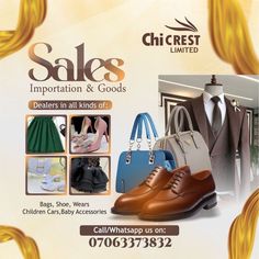 an advertisement for a shoe store with shoes and handbags