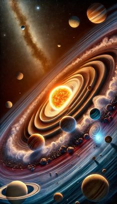 an artist's rendering of the solar system, with its planets and suns