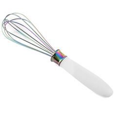 a white whisk with multicolored wire on it