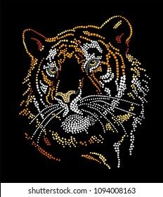 the head of a tiger is made up of small beads and sequins on a black background