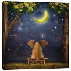 an elephant is sitting on a bench under the moon