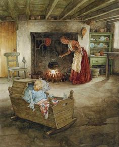 a painting of a woman and child in a boat with a fire place on the floor