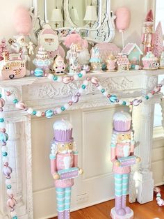 a fireplace mantel decorated with nutcrackers and other decorations in pastel colors