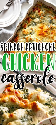 spinach artichoke chicken casserole on a white plate with text overlay