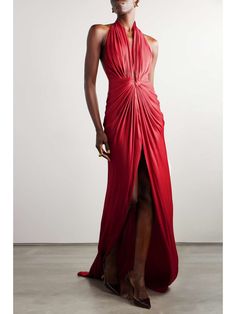 COSTARELLOS Twist-front metallic georgette halterneck gown | NET-A-PORTER Burgundy Party Dress, Drape Gown, Georgette Gown, Guest Attire, Old Hollywood Glamour, Metallic Dress, Designer Gowns, Hollywood Glamour, Wedding Attire