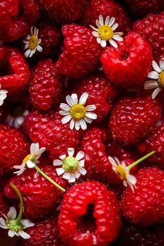 strawberries and raspberries with daisies on them are arranged in a pile